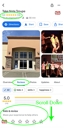 Take Note Troupe Google Maps Review for Mobile