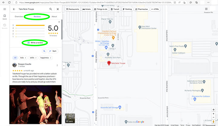 Take Note Troupe Google Maps Review Desktop
