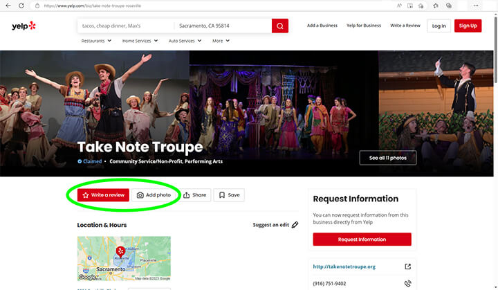 Take Note Troupe Yelp Review Desktop