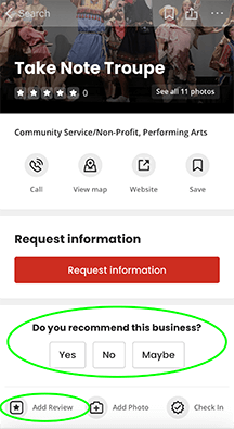 Take Note Troupe Yelp Review for Mobile